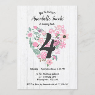 Pink Floral Heart Wood Birthday Party Invitations