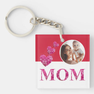 Pink Floral Hearts "MOM" Lettering Photo Red White Key Ring