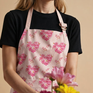 Pink Floral Hearts Pattern All-Over Print Apron