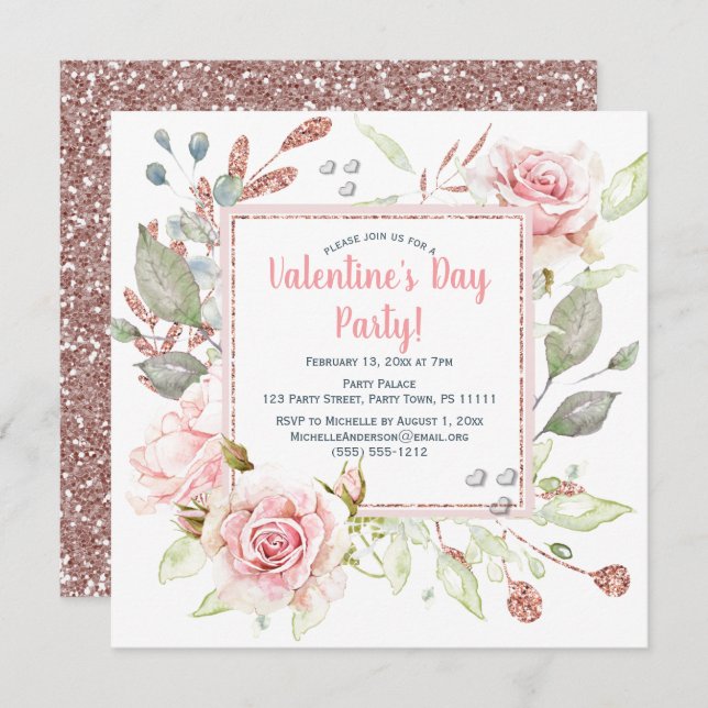 Pink Floral Hearts Valentines Day Party Invitation (Front/Back)