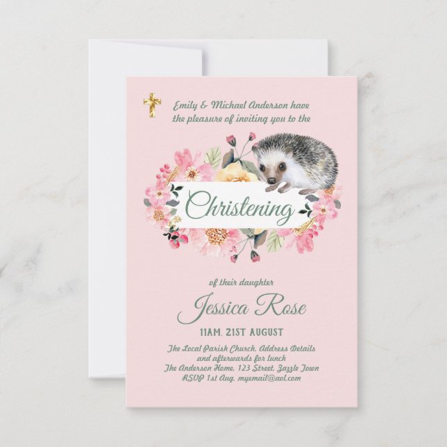Pink Floral Hedgehog Christening Invites Baptism  (Front)