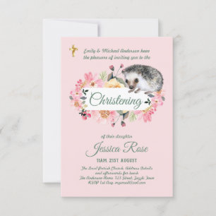 Pink Floral Hedgehog Christening Invites Baptism