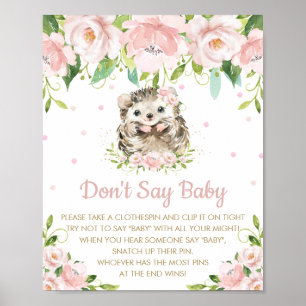 Pink Floral Hedgehog Don't Say Baby Shower Game  Poster