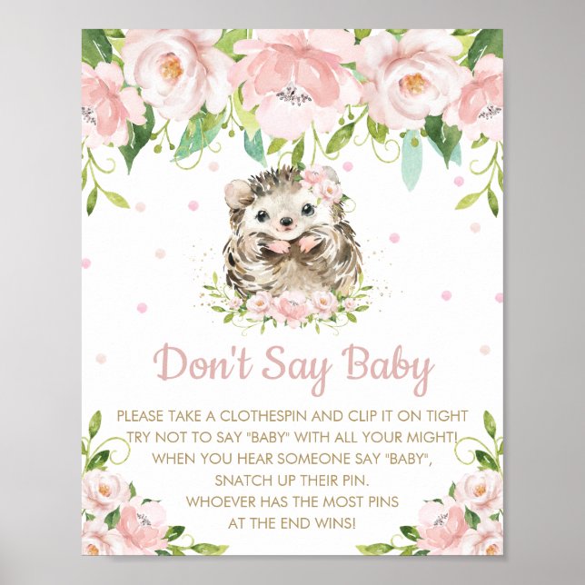 Pink Floral Hedgehog Don't Say Baby Shower Game  Poster (Front)