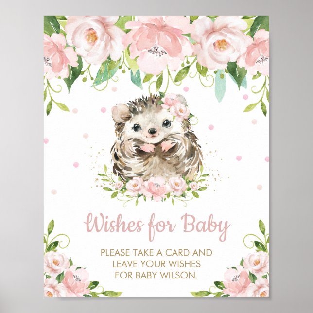 Pink Floral Hedgehog Woodland Wishes for Baby Sign (Front)