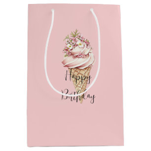Pink Floral Here's the Scoop Ice Cream Birthday Medium Gift Bag