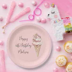 Pink Floral Here's the Scoop Ice Cream Birthday Paper Plate