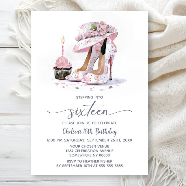 Pink Floral High Heel Shoes 16th Birthday Party Invitation (Creator Uploaded)