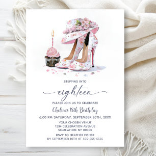 Pink Floral High Heel Shoes 18th Birthday Party Invitation