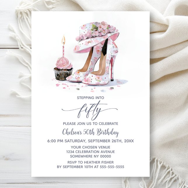 Pink Floral High Heel Shoes 50th Birthday Party Invitation (Creator Uploaded)