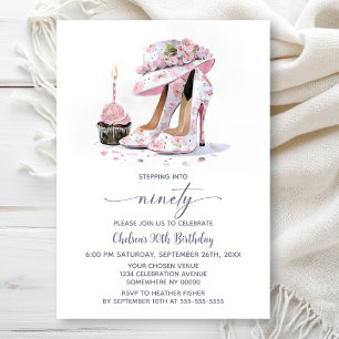 Pink Floral High Heel Shoes 90th Birthday Party Invitation