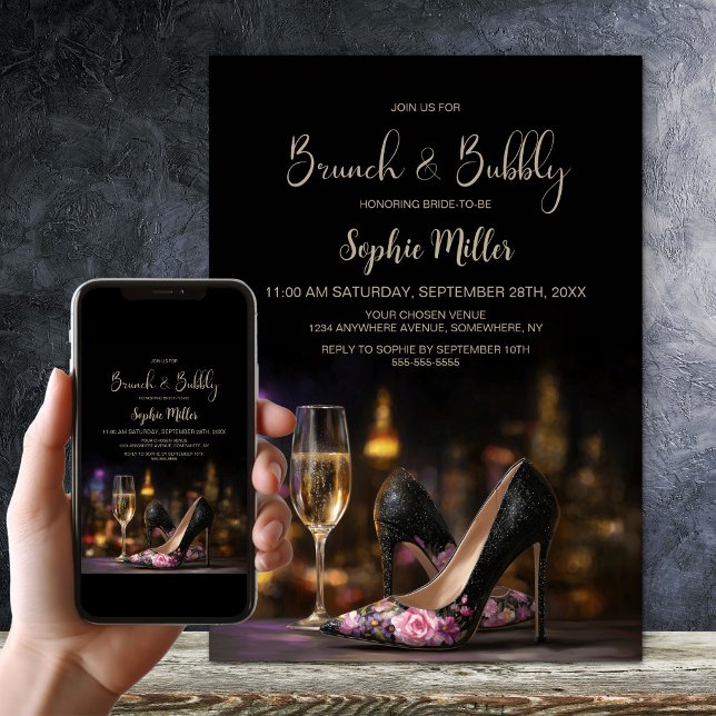 Pink Floral High Heel Shoes Brunch and Bubbly Invitation (Creator Uploaded)
