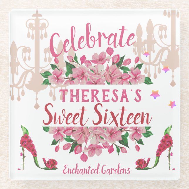 Pink Floral High Heel Shoes Custom Party & Name Al Glass Coaster (Front)