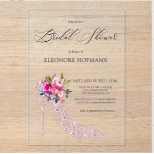 Pink Floral High Heels Bridal Shower Acrylic Invitations