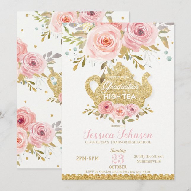 Pink Floral High Tea Graduation Party Invitation (Front/Back)
