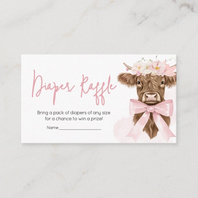 Pink Floral Highland Cow Baby Shower Diaper Raffle Enclosure Card (Front)