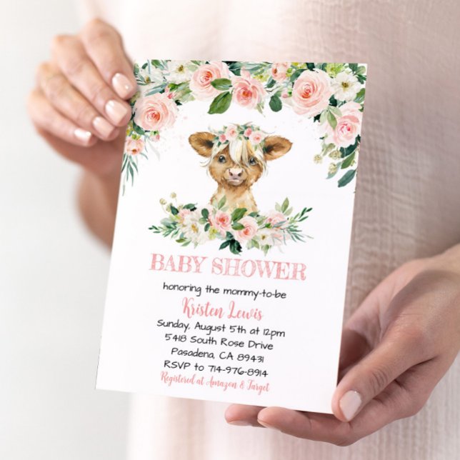 Pink Floral Highland Cow Baby Shower Invite (Creator Uploaded)