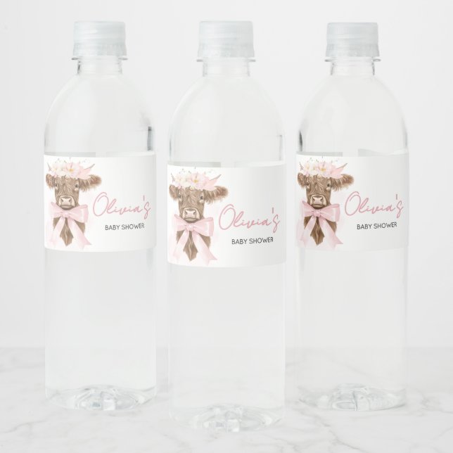 Pink Floral Highland Cow Baby Shower Water Bottle Label (Bottles)