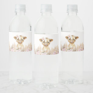 Pink Floral Highland Cow Water Bottle Label