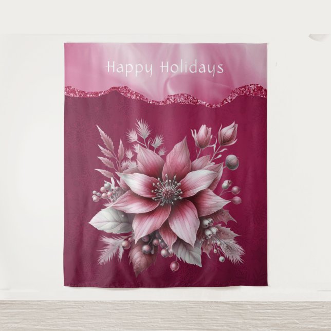 Pink Floral Holiday Backdrop Tapestry (Front)
