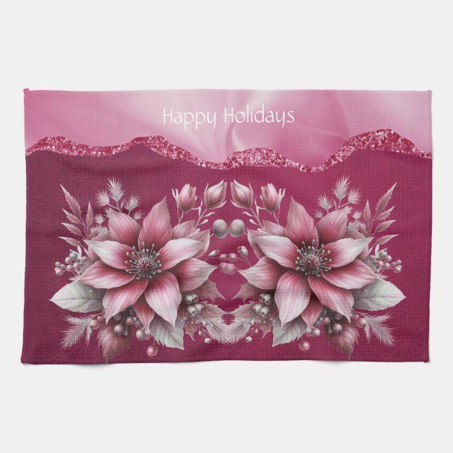 Pink Floral Holiday Kitchen Towel (Horizontal)