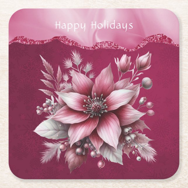 Pink Floral Holiday Paper Coaster (Front)