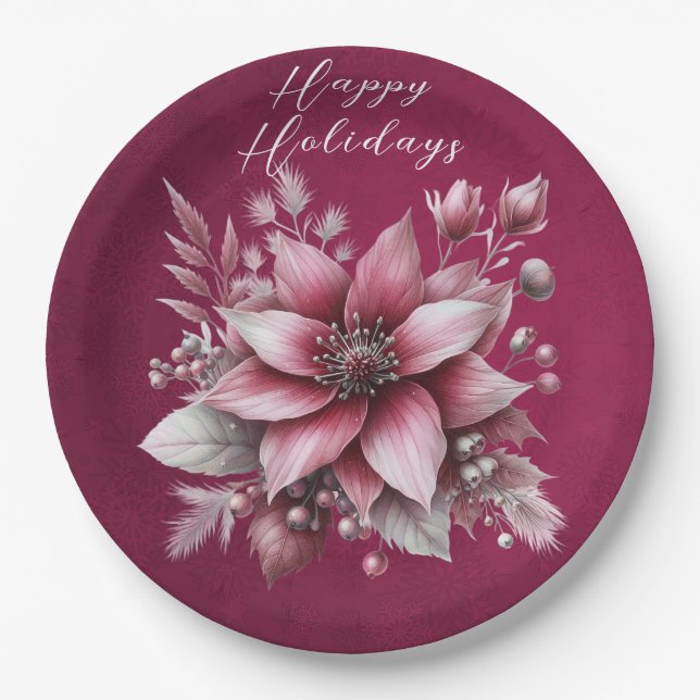 Pink Floral Holiday Paper Plate (Front)