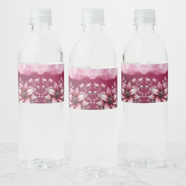 Pink Floral Holiday Water Bottle Label (Bottles)
