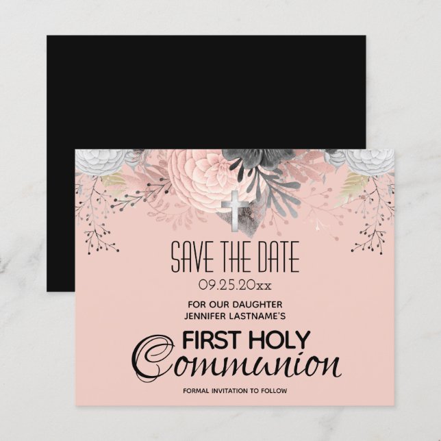 Pink Floral Holy Communion Save the Date Budget (Front/Back)