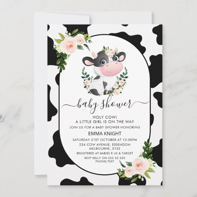Pink Floral Holy Cow Cow Print Baby Shower Invitation (Front)