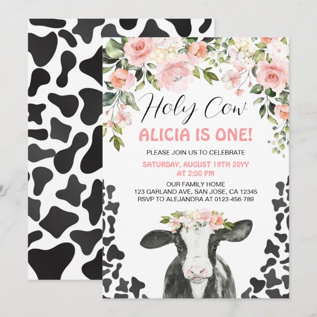 Pink Floral Holy Cow Cow Print First Birthday Invitation (Front/Back)