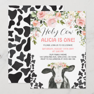 Pink Floral Holy Cow Cow Print First Birthday Invitation