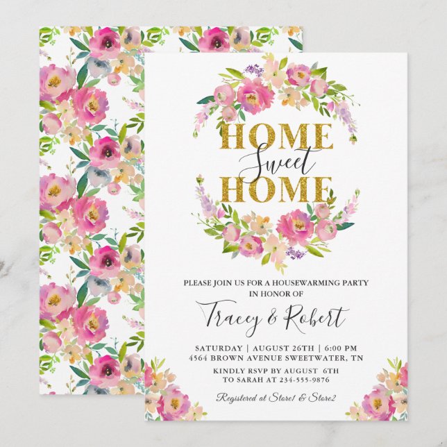 Pink Floral Home Sweet Home Housewarming Invite (Front/Back)