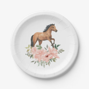 Pink Floral Horse Birthday Party Paper Plate