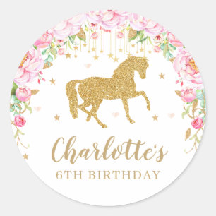 Pink Floral Horse Birthday Party Thank You Favour Classic Round Sticker