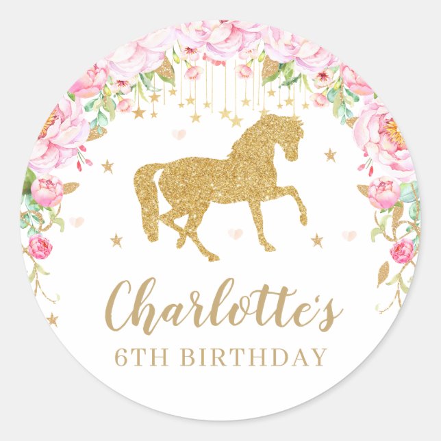 Pink Floral Horse Birthday Party Thank You Favour Classic Round Sticker (Front)