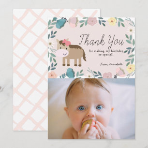 Pink Floral Horse Birthday Photo Thank You Card