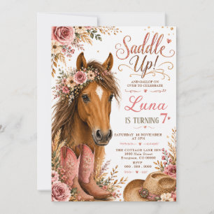 Pink Floral Horse Cowgirl Birthday Invitation