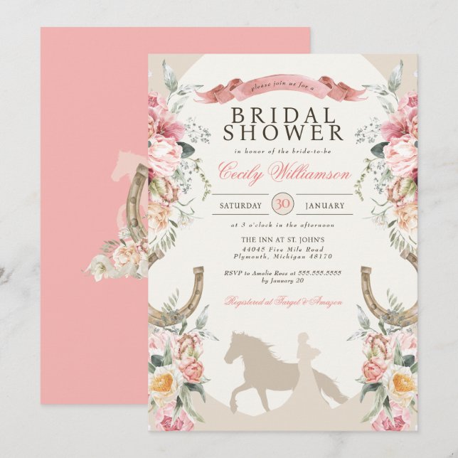 Pink Floral Horse Ranch Western Bridal Shower Invitation (Front/Back)