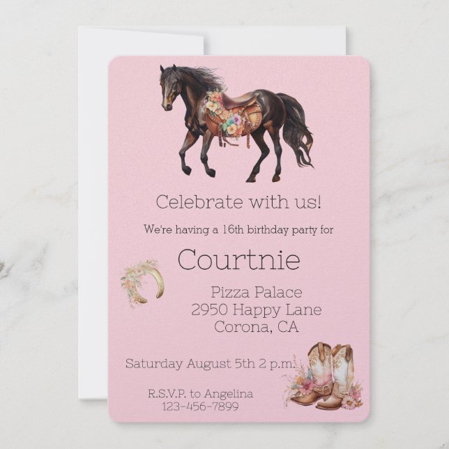 Pink Floral Horse Western Cowgirl Birthday Invitation (Front)