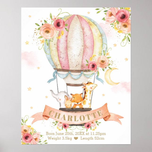 Pink Floral Hot Air Balloon Animals Birth Stats Poster (Front)