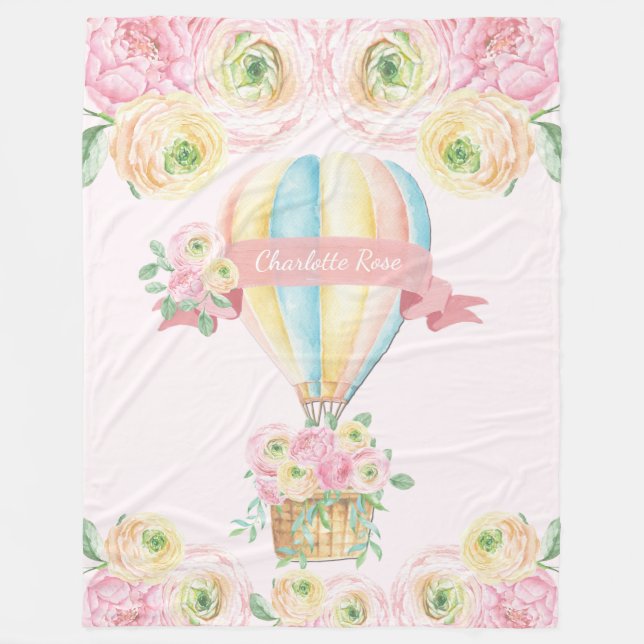 Pink Floral Hot Air Balloon Baby Girl Nursery Fleece Blanket (Front)