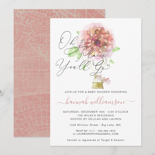 Pink Floral Hot Air Balloon Baby Shower Invitation (Front/Back)