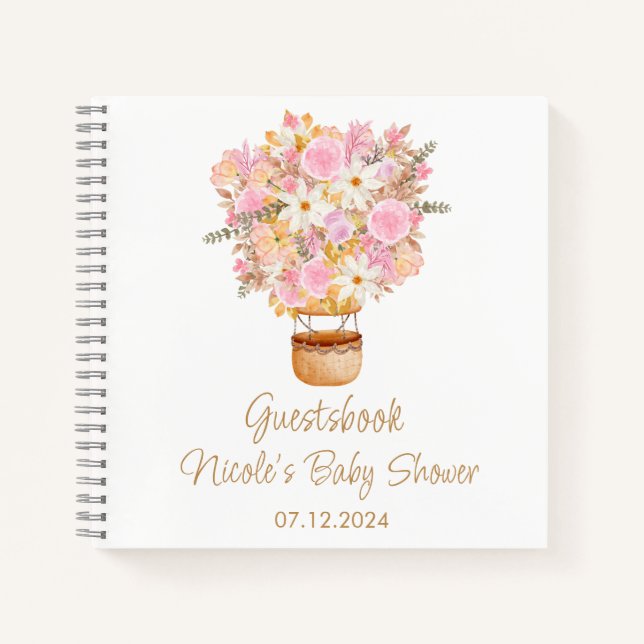  Pink Floral Hot Air Balloon Baby Shower  Notebook (Front)