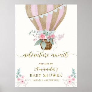 Pink Floral Hot Air Balloon Baby Shower Welcome  Poster