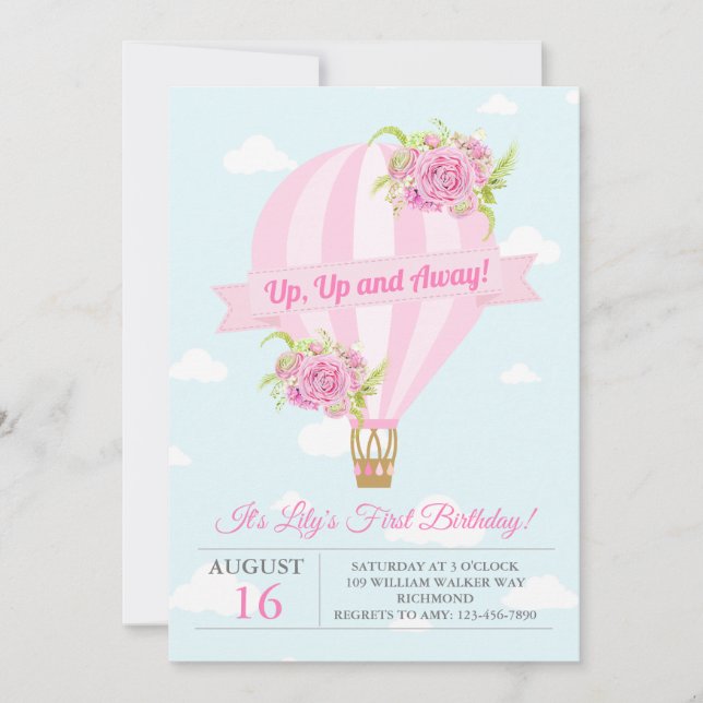 Pink Floral Hot Air Balloon Birthday Invitation (Front)