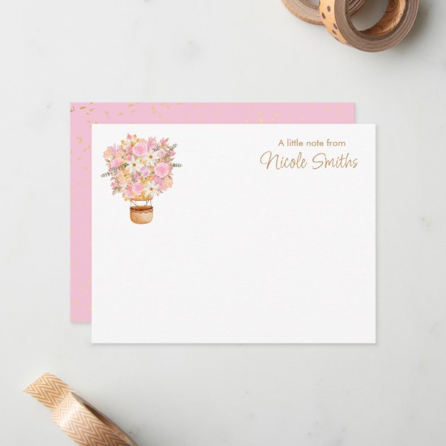 Pink Floral Hot Air Balloon Personal Stationery Card (Front/Back In Situ)