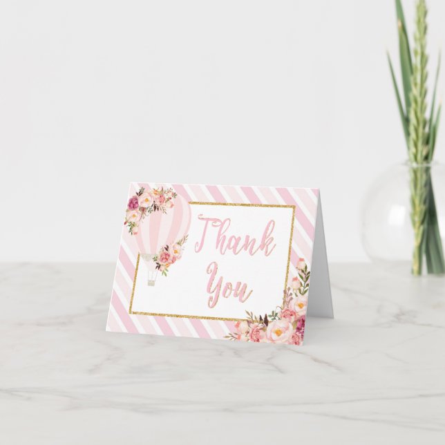 Pink Floral Hot Air Balloon Thank You Card (Front)
