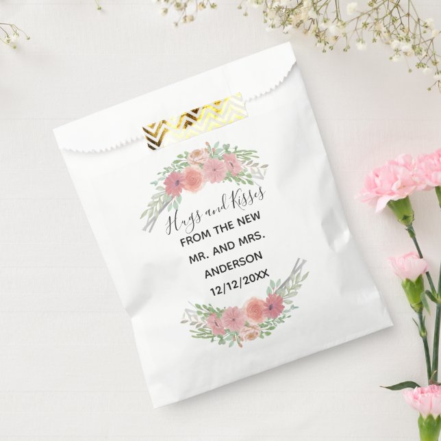 Pink Floral Hugs and Kisses from Mr Mrs. Wedding Favour Bags (Sealed)