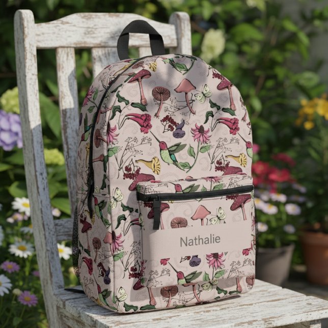 Pink Floral Hummingbird Nature Pattern Printed Backpack (Cute Pink Hummingbird Backpack for Her. Girly Colorful Floral Hummingbirds & Flowers Nature Pattern)